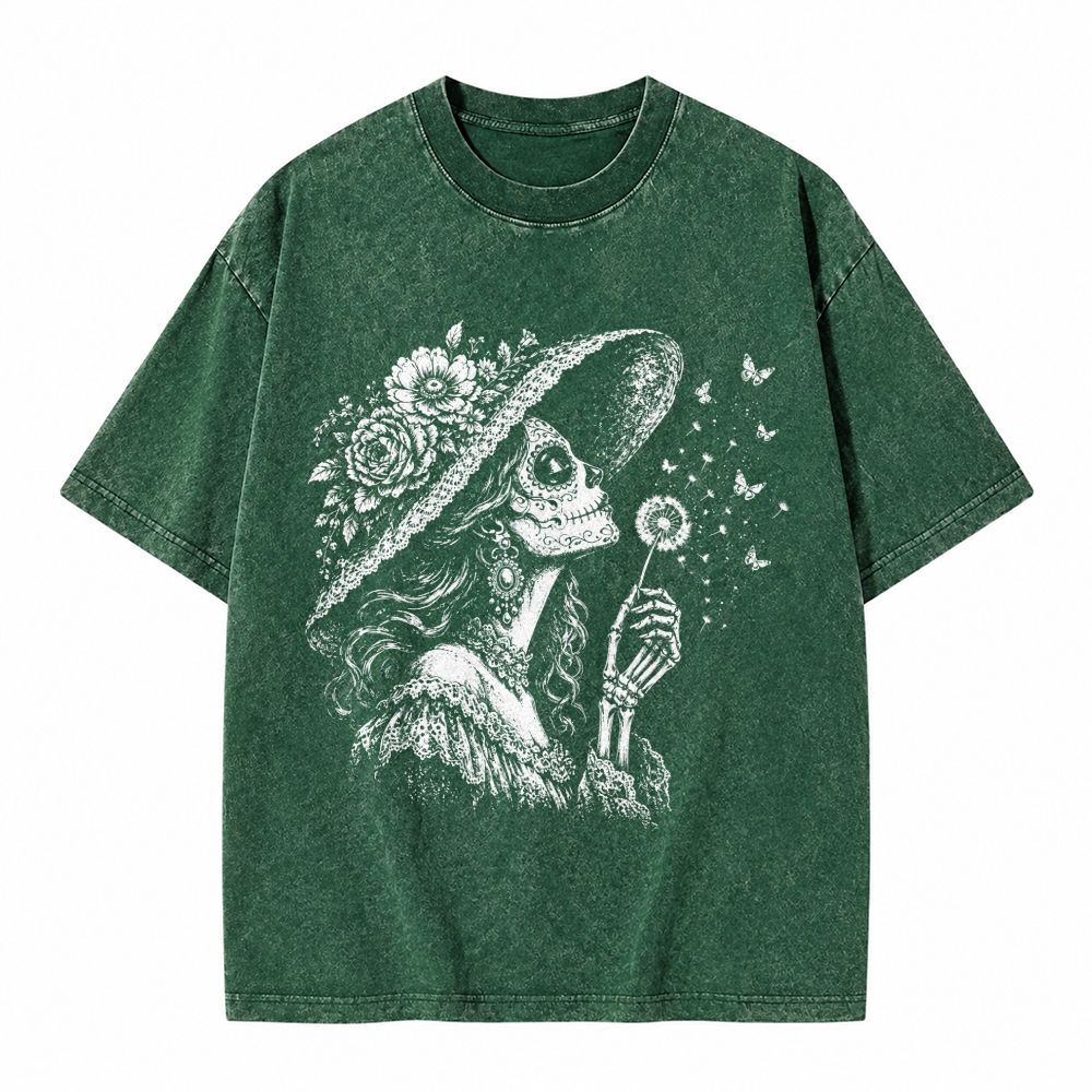 Moonnora Vintage Sugar Skull Blowing Wishes Dandelion Butterflies Washed T-Shirt