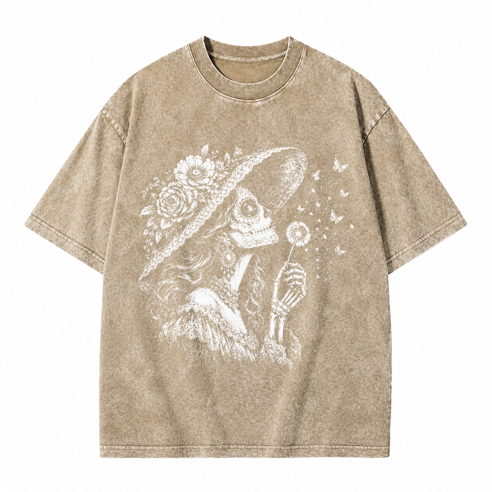 Moonnora Vintage Sugar Skull Blowing Wishes Dandelion Butterflies Washed T-Shirt