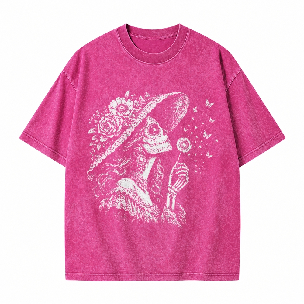 Moonnora Vintage Sugar Skull Blowing Wishes Dandelion Butterflies Washed T-Shirt