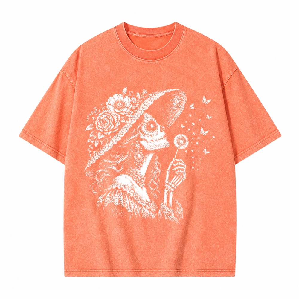Moonnora Vintage Sugar Skull Blowing Wishes Dandelion Butterflies Washed T-Shirt