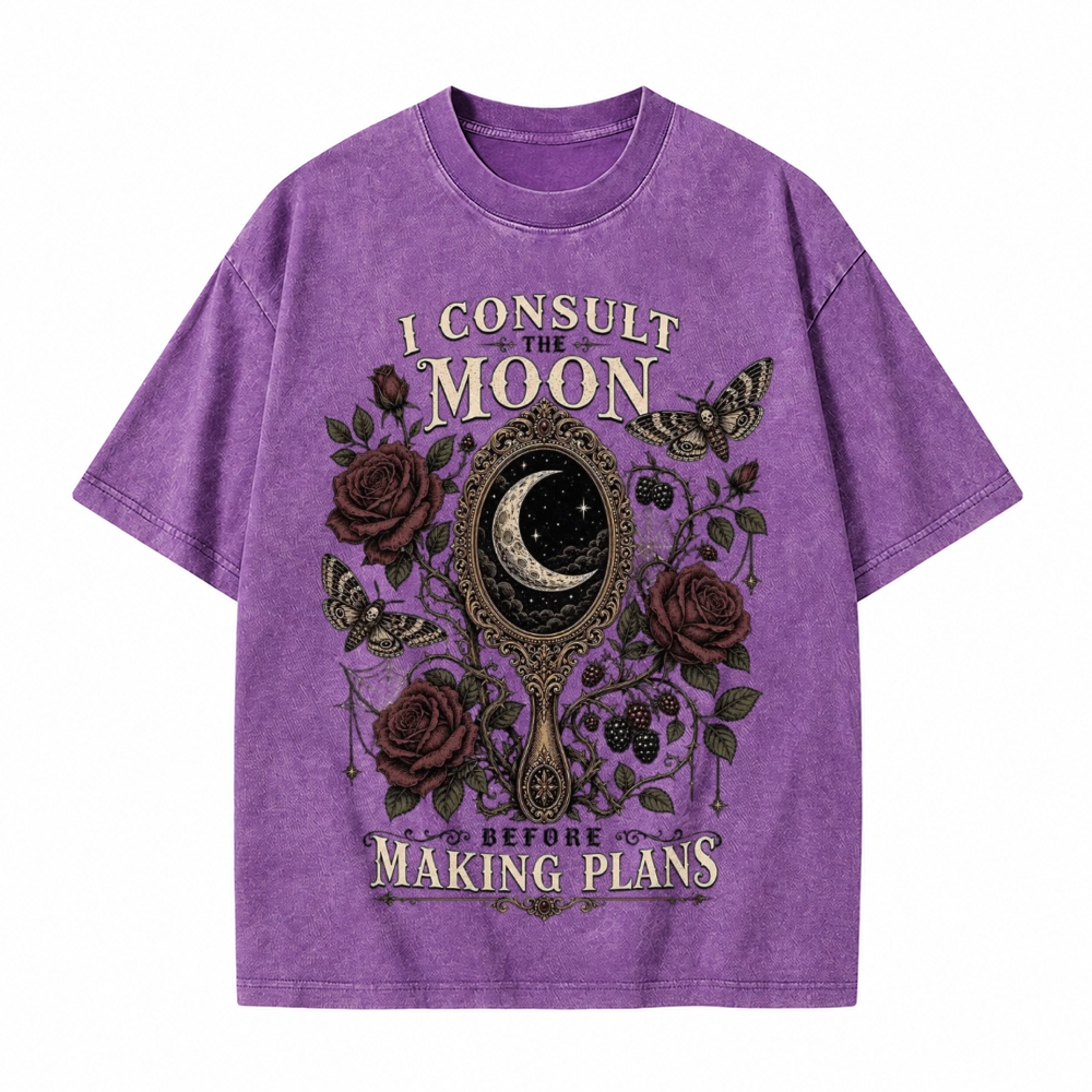 Moonnora I Consult the Moon Before Making Plans Witchy Mysticism Tarot Card On Comfort Colors Washed T-Shirt