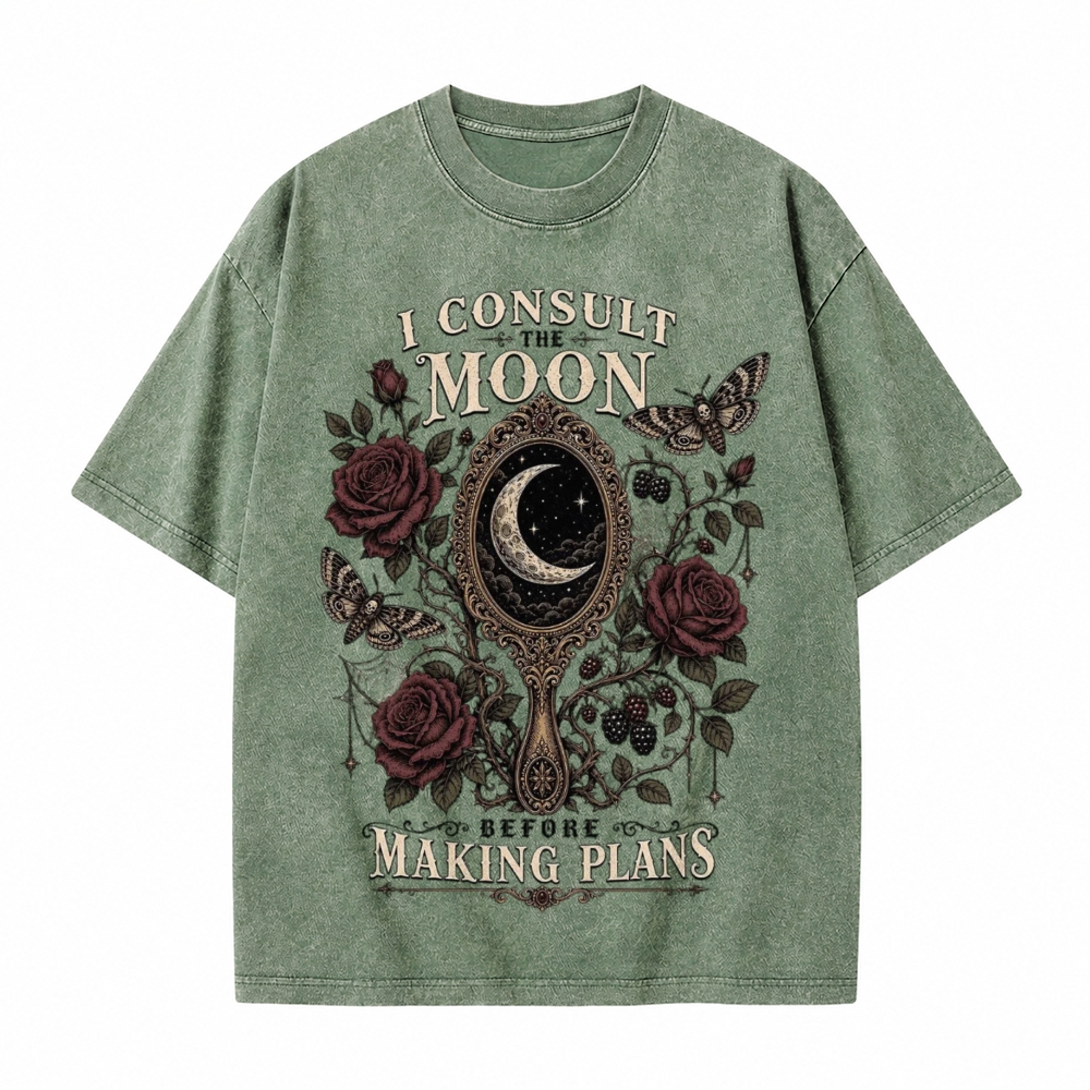 Moonnora I Consult the Moon Before Making Plans Witchy Mysticism Tarot Card On Comfort Colors Washed T-Shirt