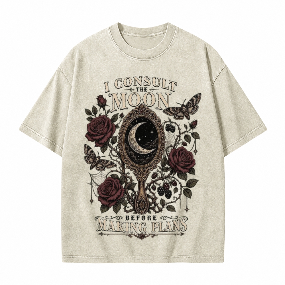 Moonnora I Consult the Moon Before Making Plans Witchy Mysticism Tarot Card On Comfort Colors Washed T-Shirt
