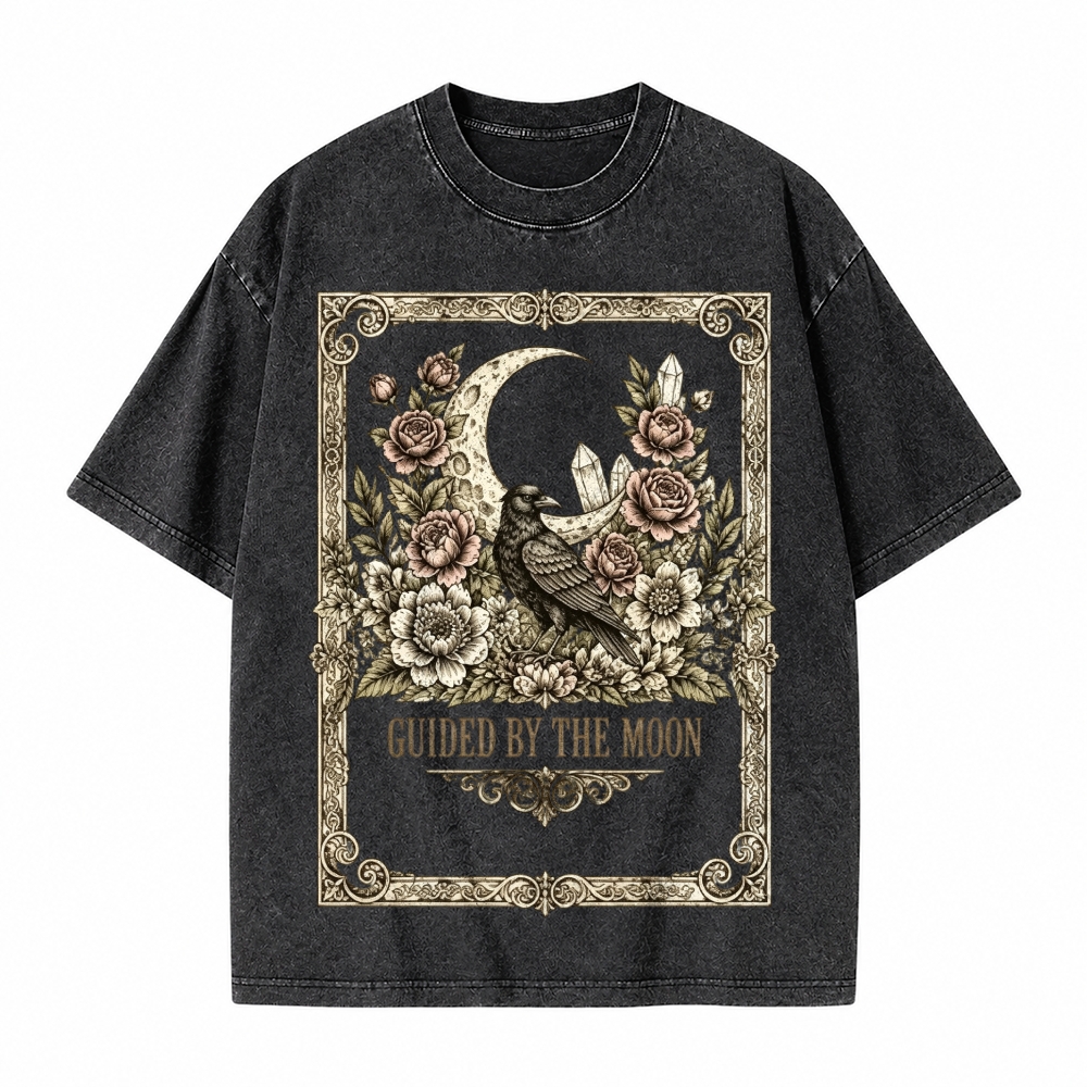 Moonnora Guided By The Moon Raven Gothic Celestial Crow Floral Tarot Card On Comfort Colors Washed T-Shirt