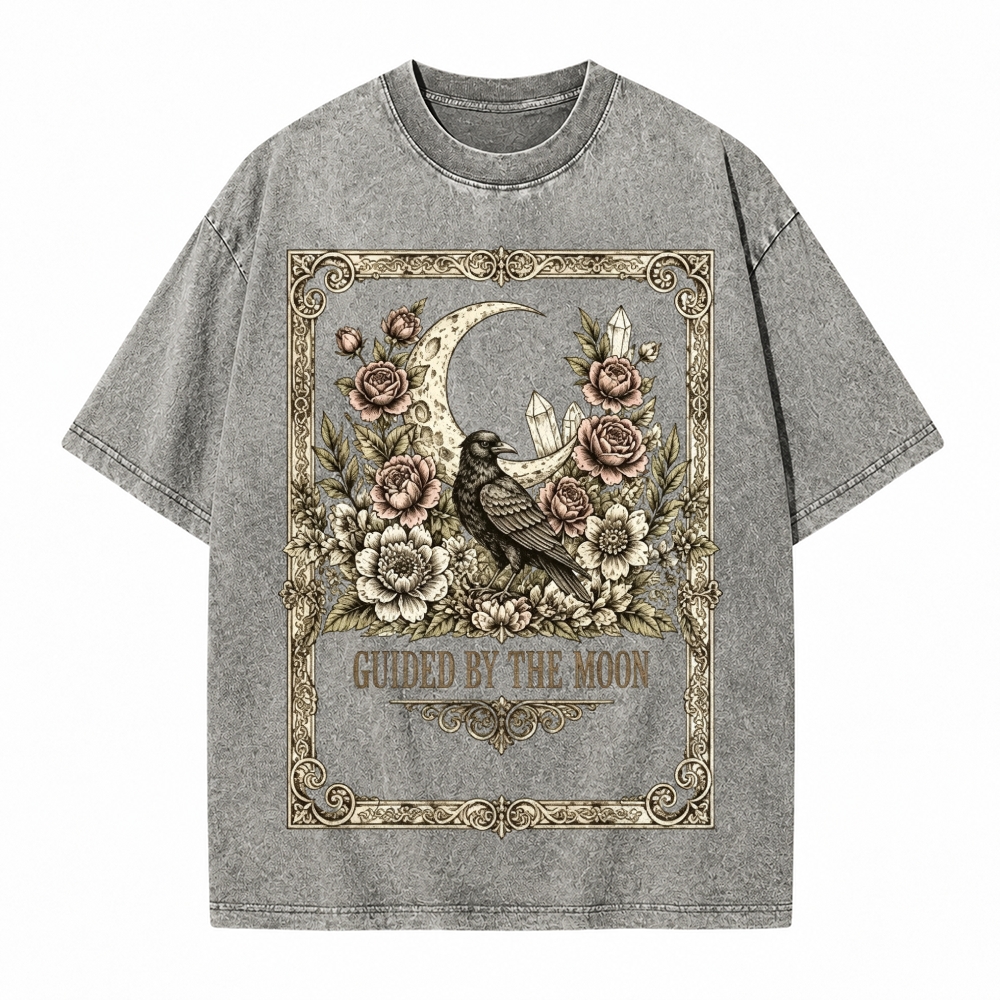 Moonnora Guided By The Moon Raven Gothic Celestial Crow Floral Tarot Card On Comfort Colors Washed T-Shirt