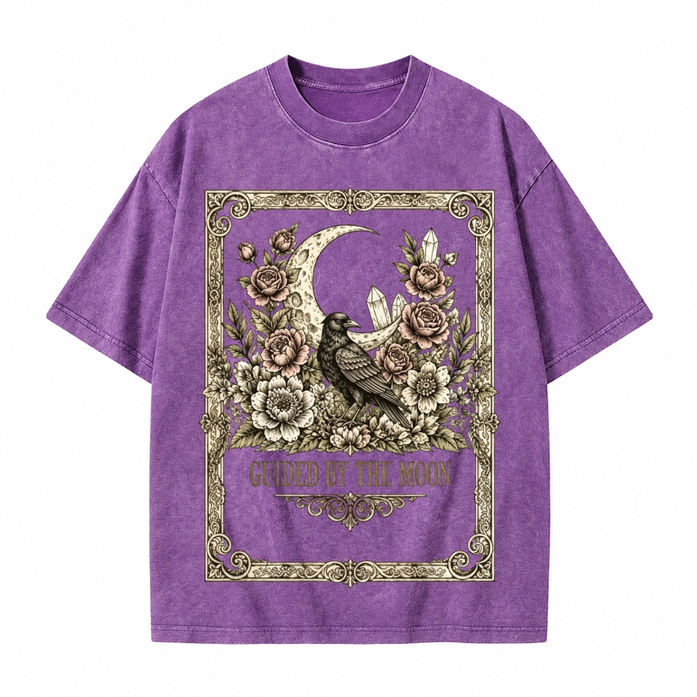 Moonnora Guided By The Moon Raven Gothic Celestial Crow Floral Tarot Card On Comfort Colors Washed T-Shirt