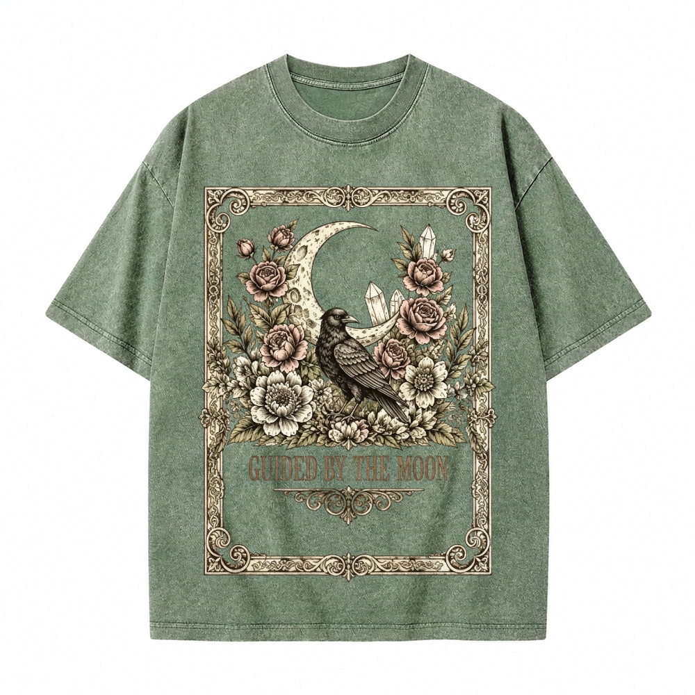 Moonnora Guided By The Moon Raven Gothic Celestial Crow Floral Tarot Card On Comfort Colors Washed T-Shirt