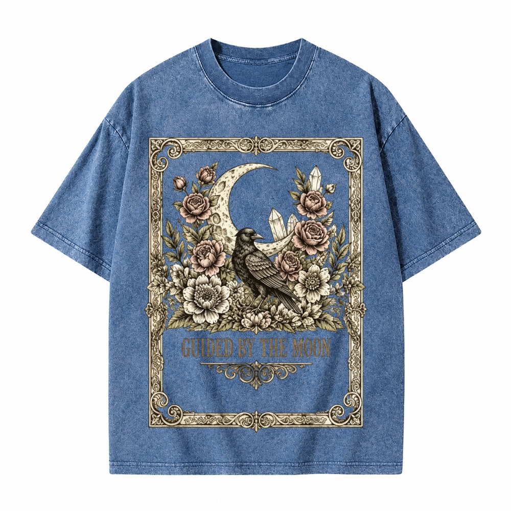 Moonnora Guided By The Moon Raven Gothic Celestial Crow Floral Tarot Card On Comfort Colors Washed T-Shirt