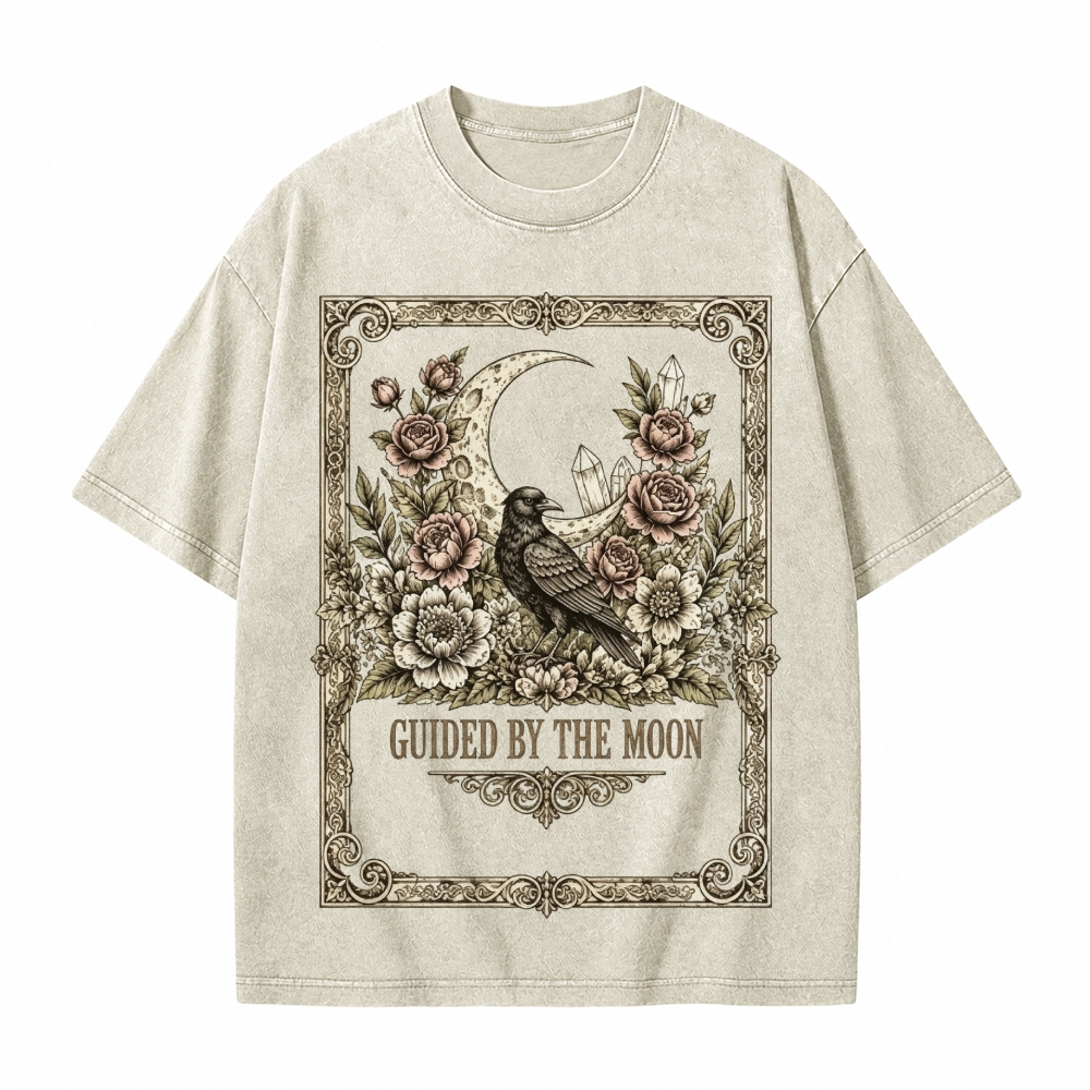 Moonnora Guided By The Moon Raven Gothic Celestial Crow Floral Tarot Card On Comfort Colors Washed T-Shirt