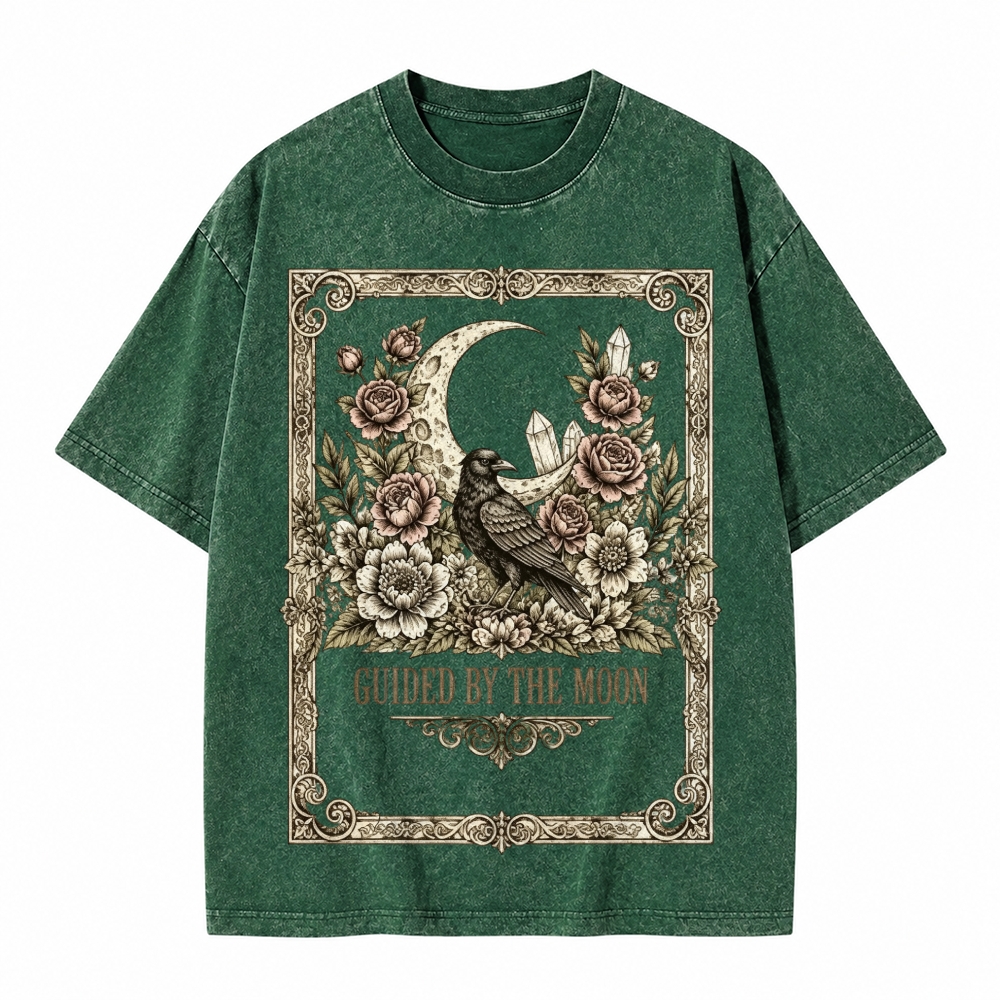 Moonnora Guided By The Moon Raven Gothic Celestial Crow Floral Tarot Card On Comfort Colors Washed T-Shirt