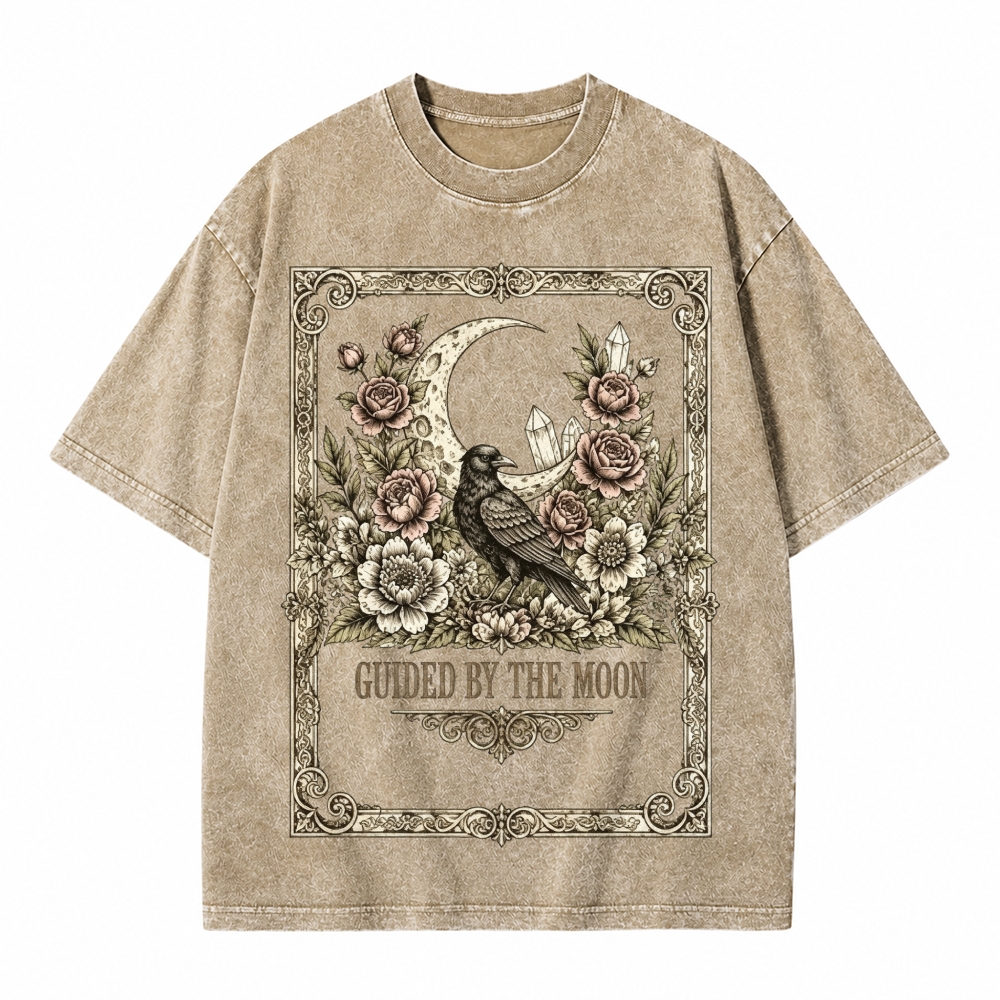 Moonnora Guided By The Moon Raven Gothic Celestial Crow Floral Tarot Card On Comfort Colors Washed T-Shirt