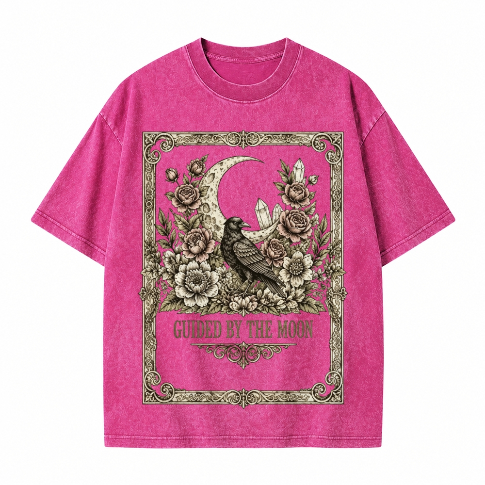Moonnora Guided By The Moon Raven Gothic Celestial Crow Floral Tarot Card On Comfort Colors Washed T-Shirt