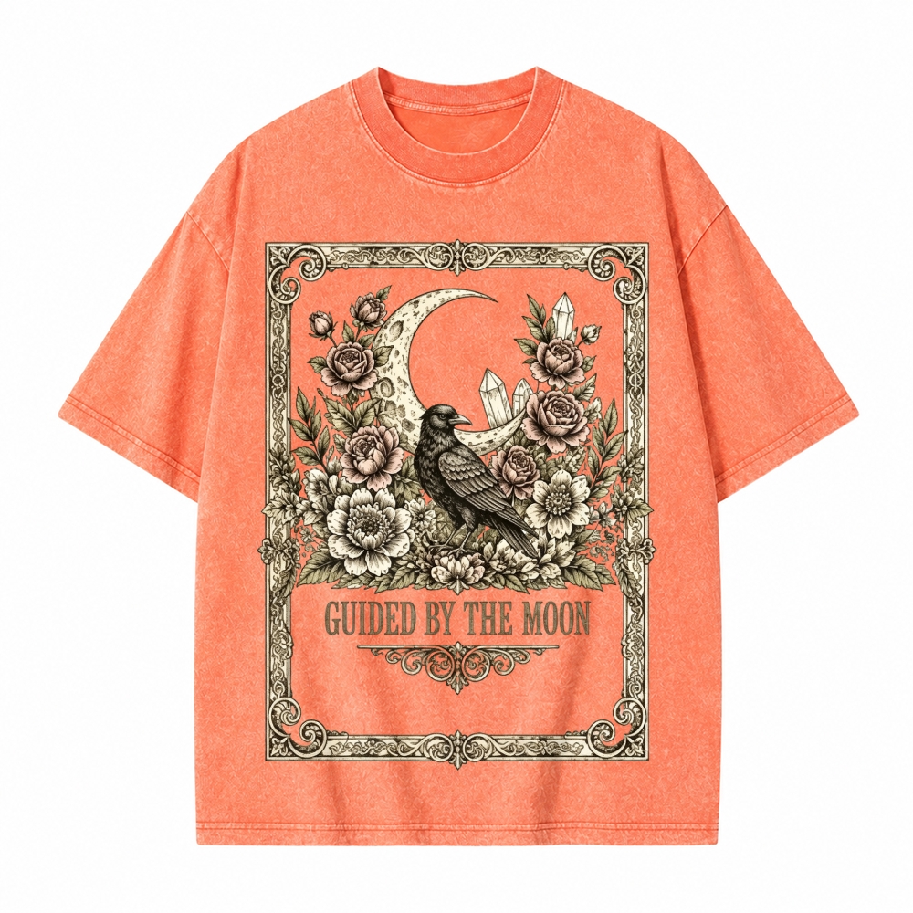 Moonnora Guided By The Moon Raven Gothic Celestial Crow Floral Tarot Card On Comfort Colors Washed T-Shirt