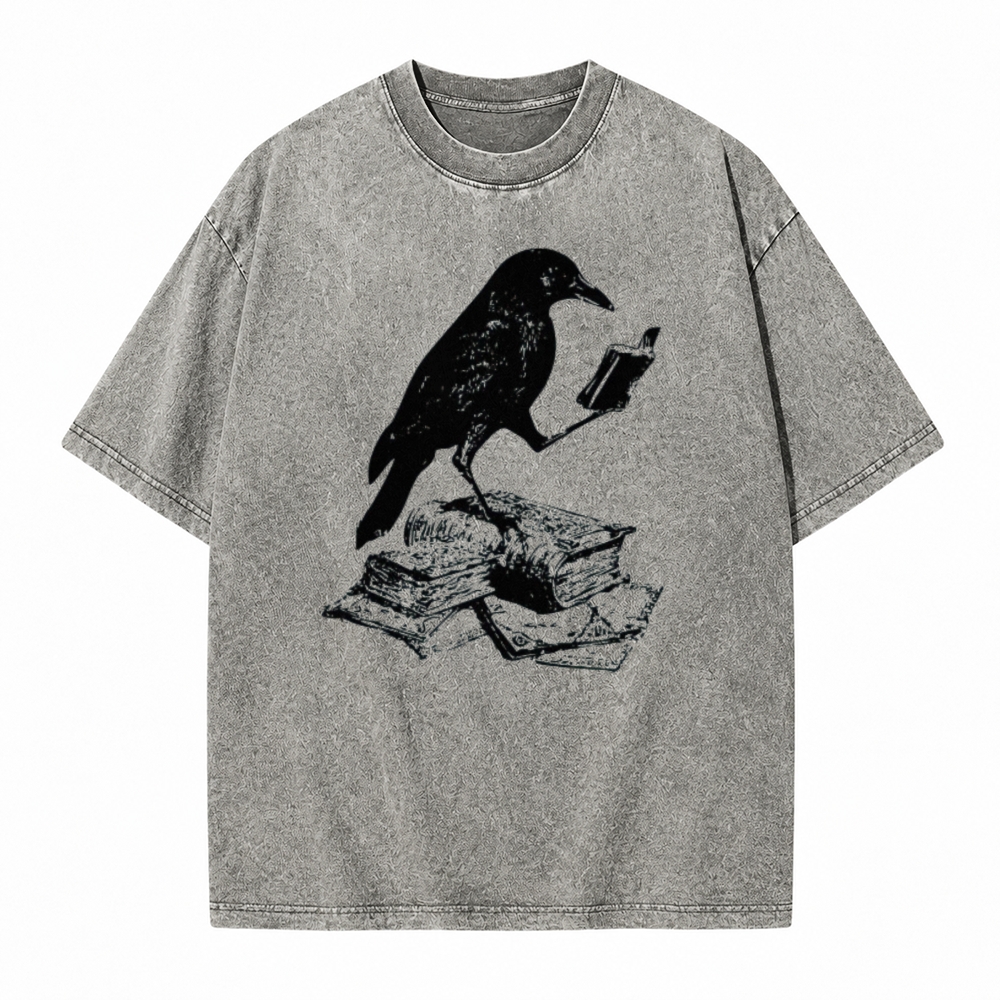 Moonnora Crow Reading Book Bird Lover  Bookish Tarot Card On Comfort Colors Washed T-Shirt