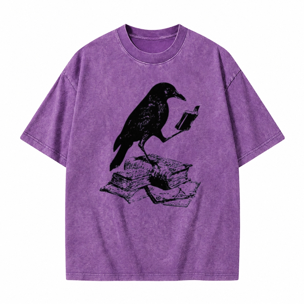 Moonnora Crow Reading Book Bird Lover  Bookish Tarot Card On Comfort Colors Washed T-Shirt