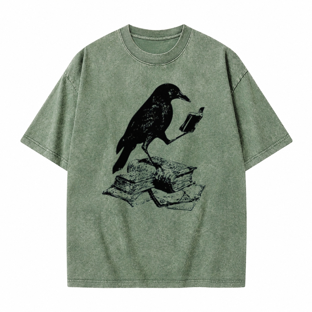Moonnora Crow Reading Book Bird Lover  Bookish Tarot Card On Comfort Colors Washed T-Shirt