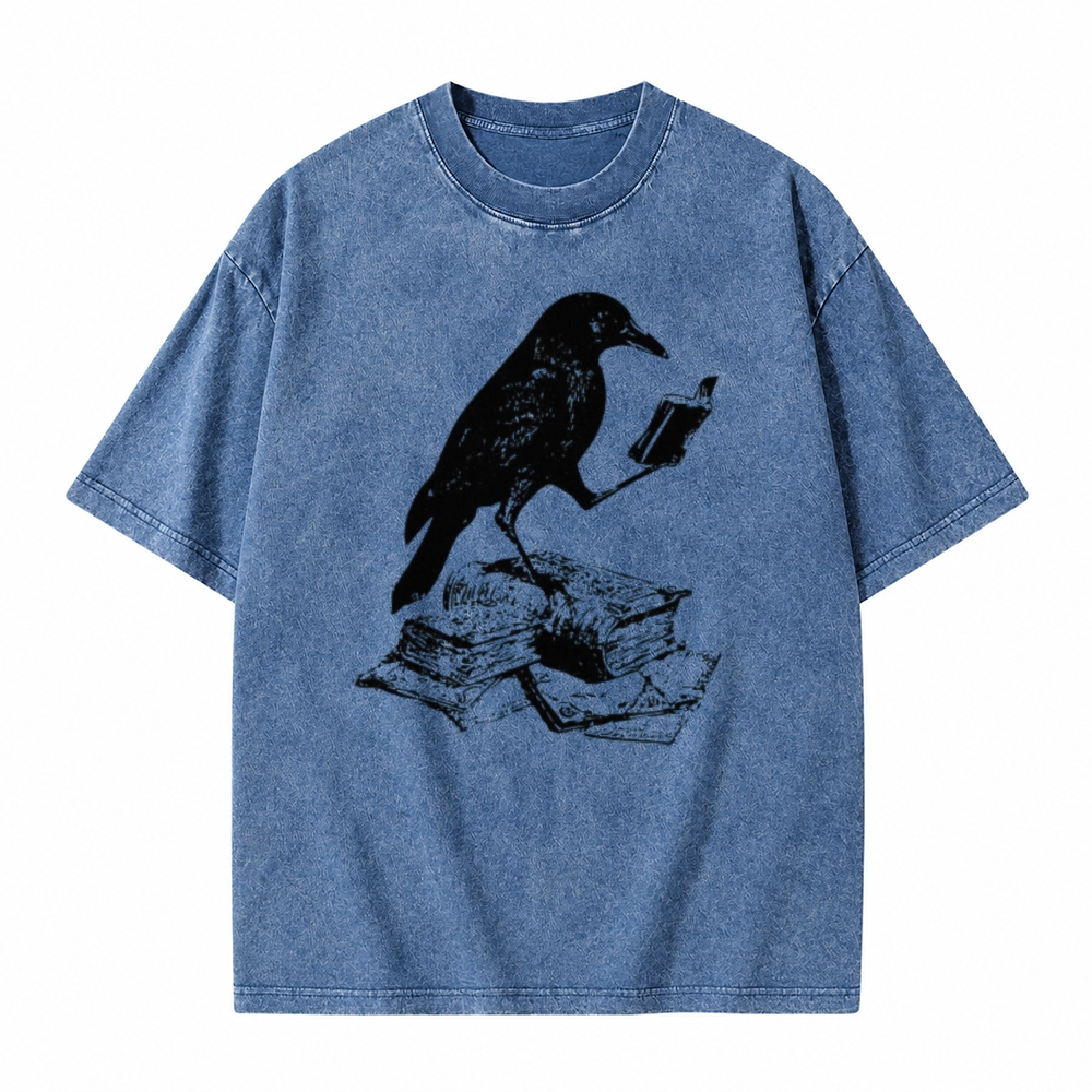 Moonnora Crow Reading Book Bird Lover  Bookish Tarot Card On Comfort Colors Washed T-Shirt