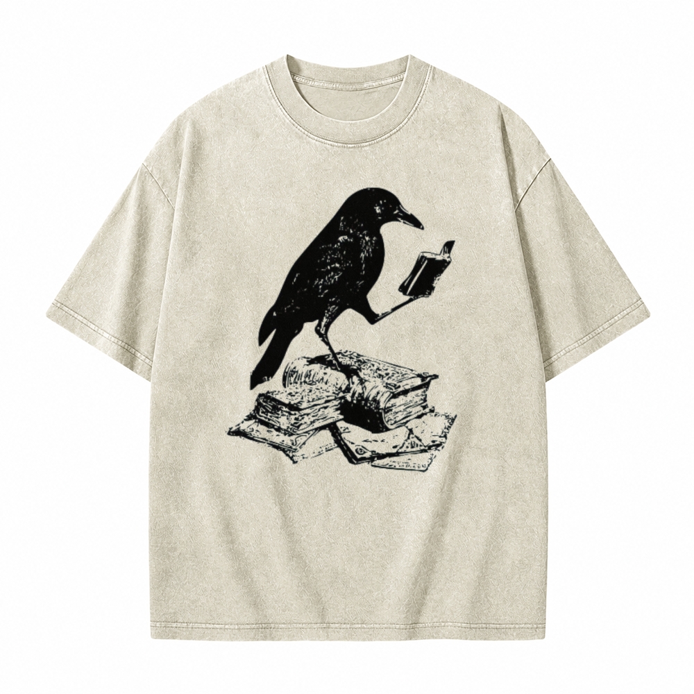 Moonnora Crow Reading Book Bird Lover  Bookish Tarot Card On Comfort Colors Washed T-Shirt