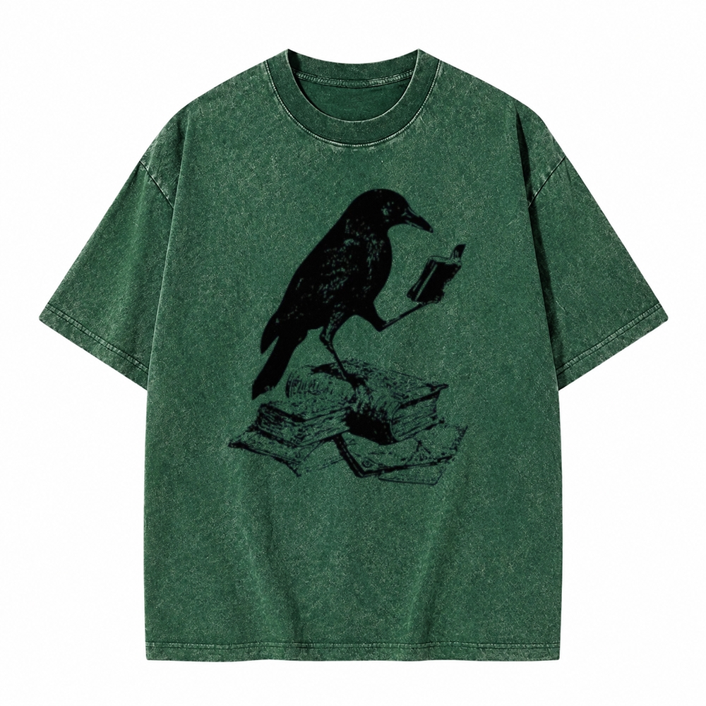 Moonnora Crow Reading Book Bird Lover  Bookish Tarot Card On Comfort Colors Washed T-Shirt