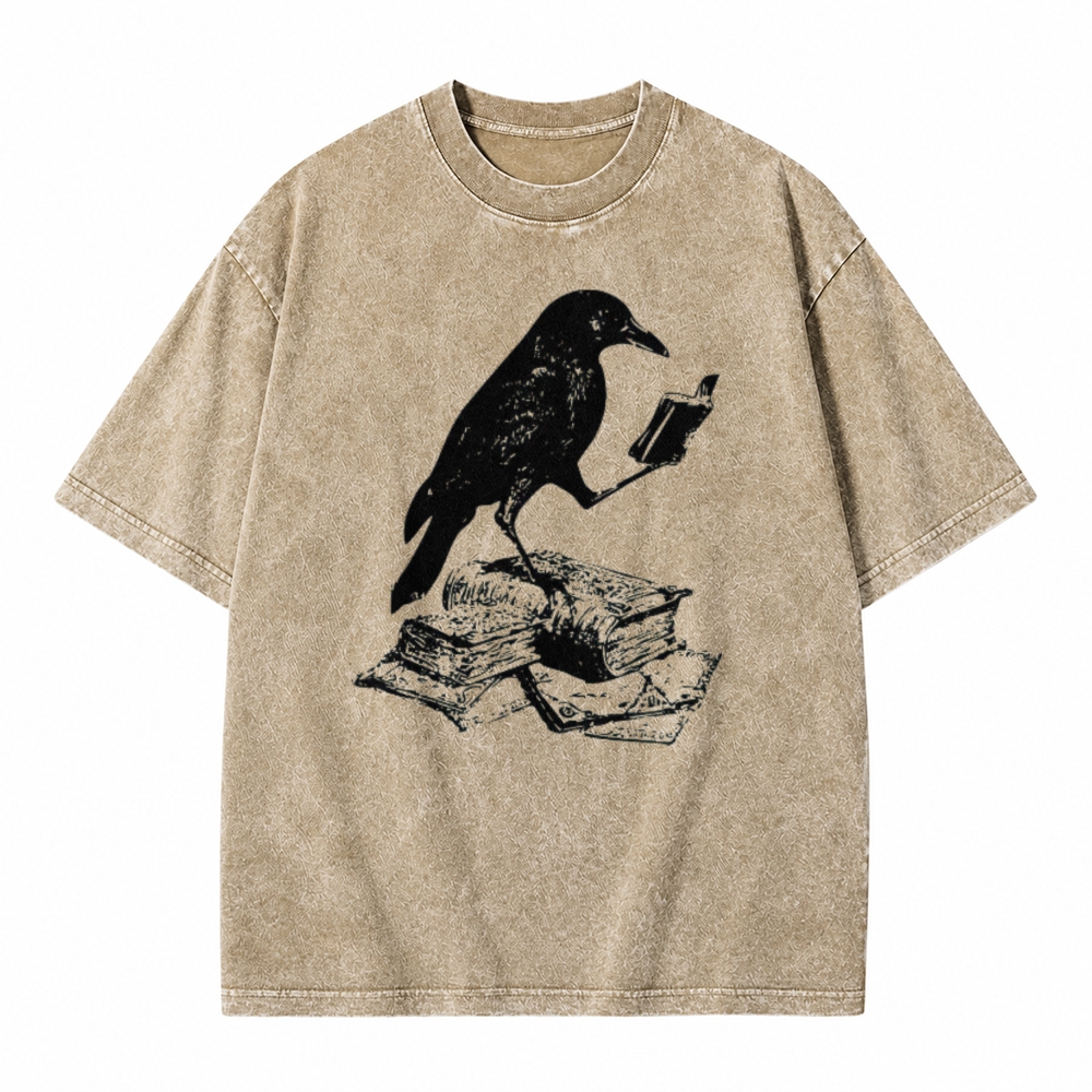 Moonnora Crow Reading Book Bird Lover  Bookish Tarot Card On Comfort Colors Washed T-Shirt