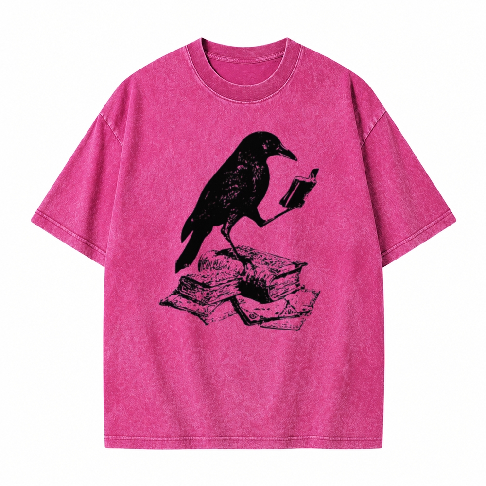 Moonnora Crow Reading Book Bird Lover  Bookish Tarot Card On Comfort Colors Washed T-Shirt