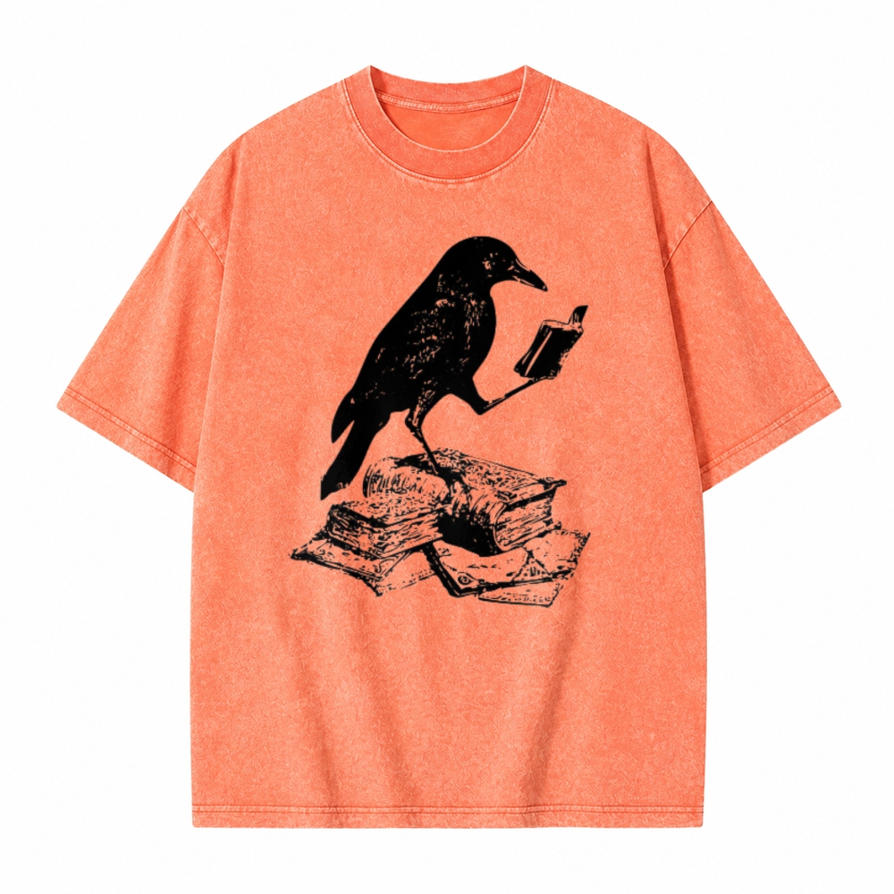 Moonnora Crow Reading Book Bird Lover  Bookish Tarot Card On Comfort Colors Washed T-Shirt