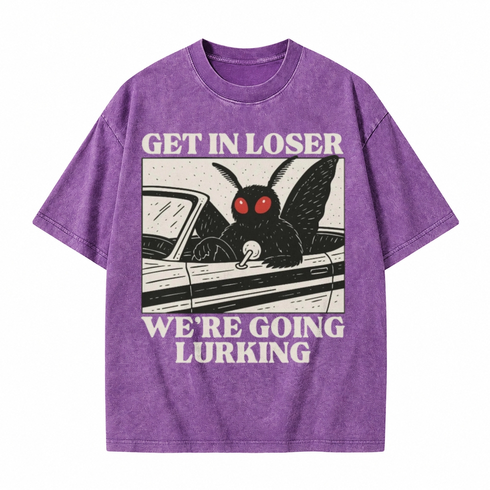 Moonnora Funny Mothman Get In Loser, We're Going Lurking Tarot Card On Comfort Colors Washed T-Shirt