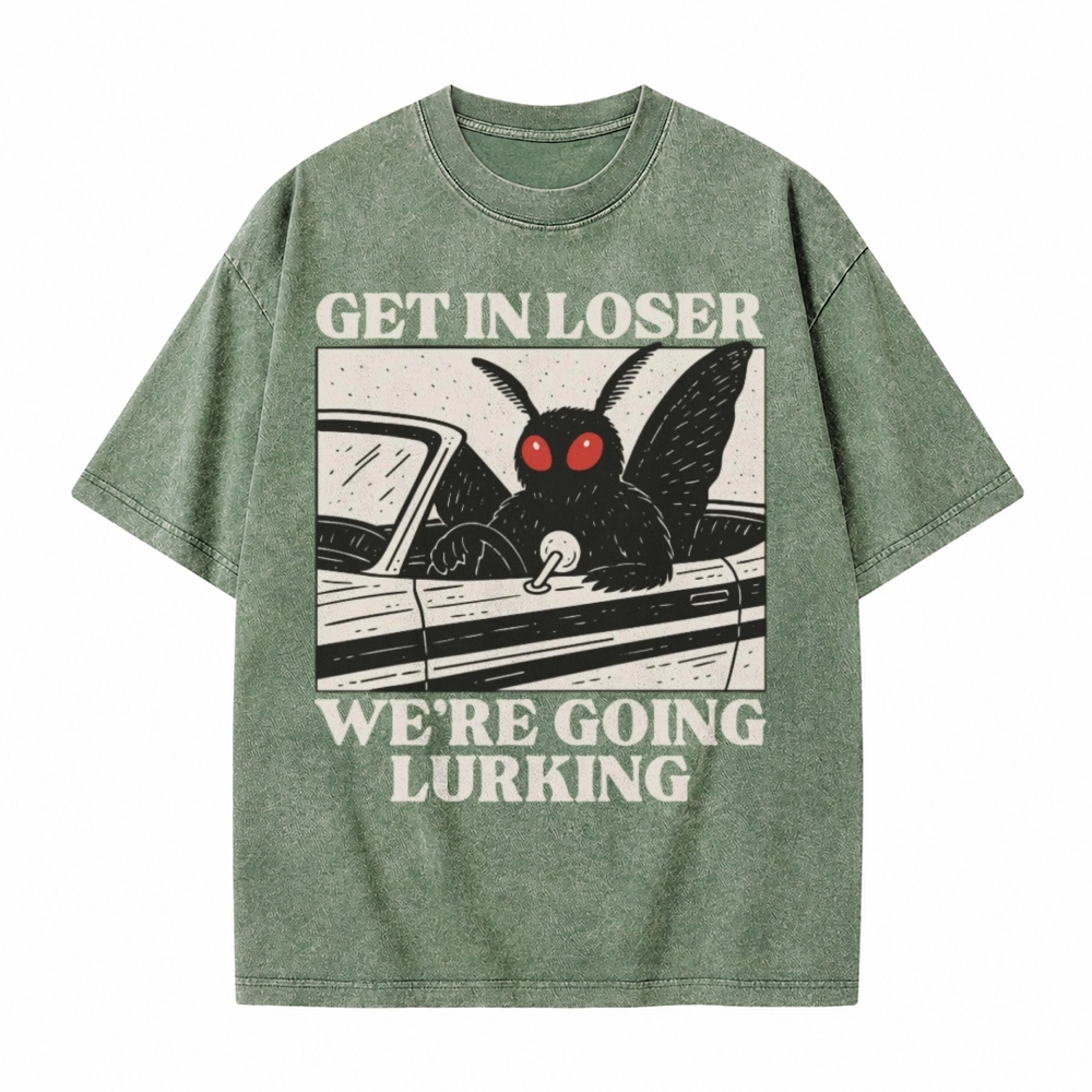 Moonnora Funny Mothman Get In Loser, We're Going Lurking Tarot Card On Comfort Colors Washed T-Shirt