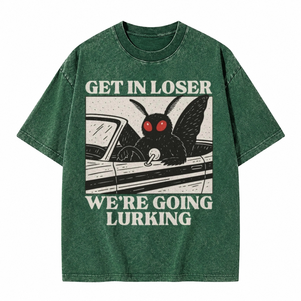 Moonnora Funny Mothman Get In Loser, We're Going Lurking Tarot Card On Comfort Colors Washed T-Shirt