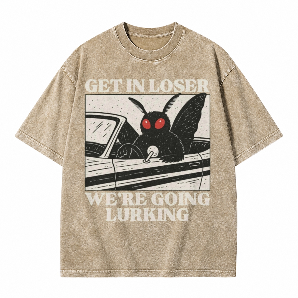 Moonnora Funny Mothman Get In Loser, We're Going Lurking Tarot Card On Comfort Colors Washed T-Shirt