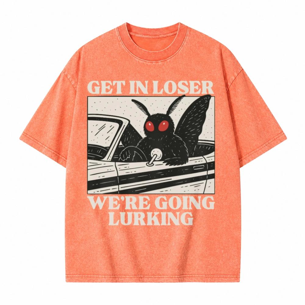 Moonnora Funny Mothman Get In Loser, We're Going Lurking Tarot Card On Comfort Colors Washed T-Shirt