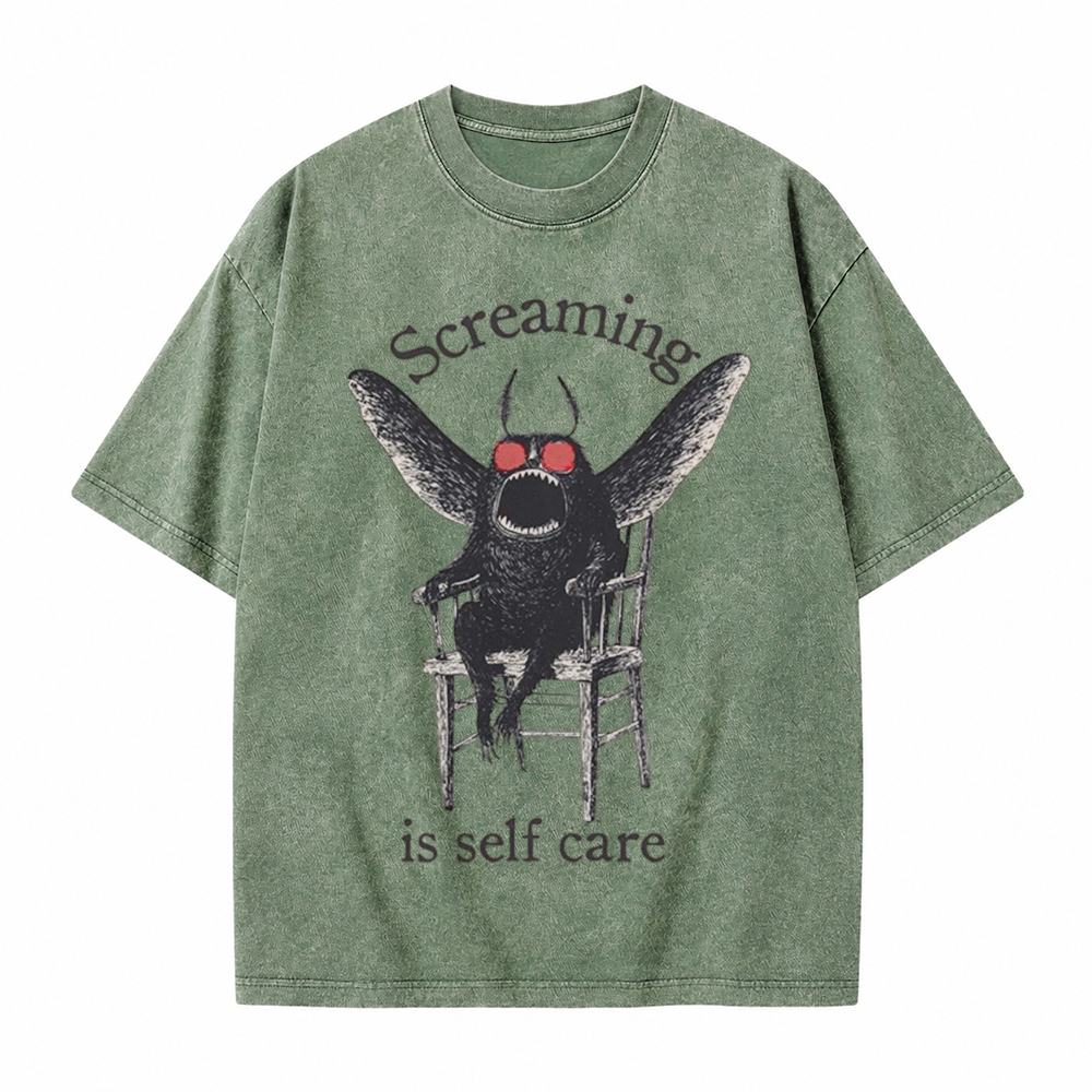 Moonnora Funny Mothman Screaming Is Self Care Tarot Card On Comfort Colors Washed T-Shirt