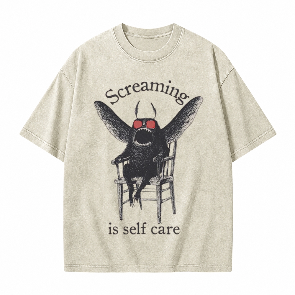 Moonnora Funny Mothman Screaming Is Self Care Tarot Card On Comfort Colors Washed T-Shirt