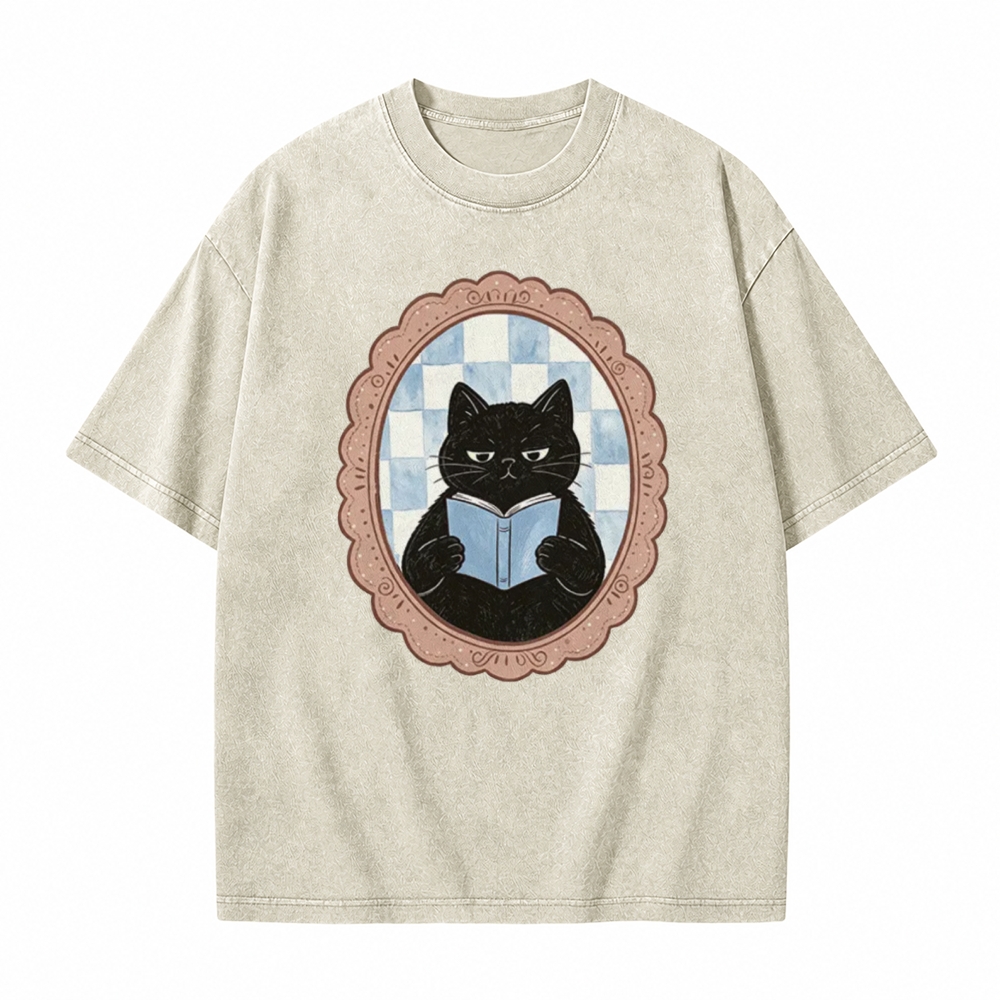 Moonnora Black Cat Washroom Reading Tarot Card On Comfort Colors Washed T-Shirt