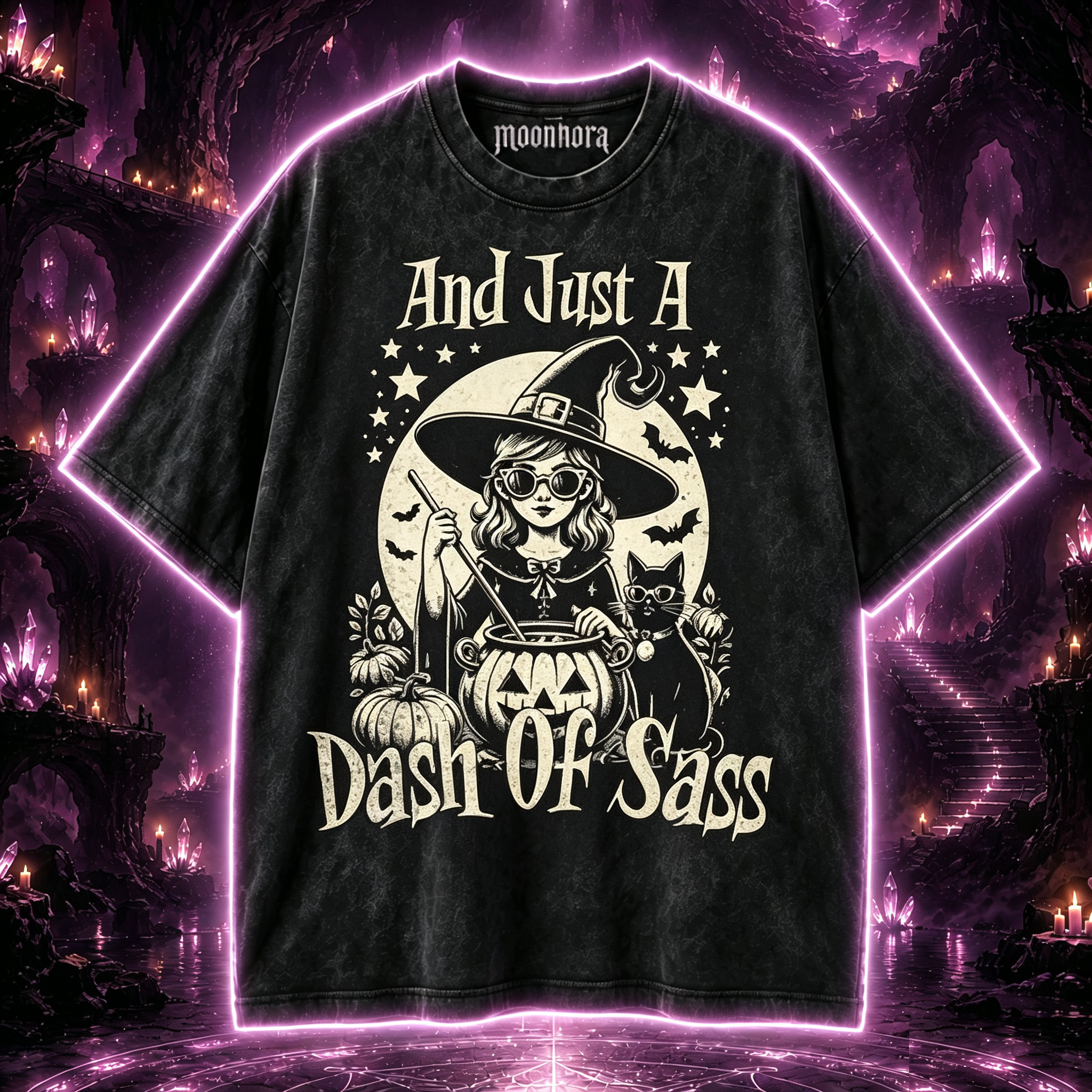 Moonnora And Just A Dash Of Sass Funny Sassy Witch Retro Halloween Washed T-Shirt