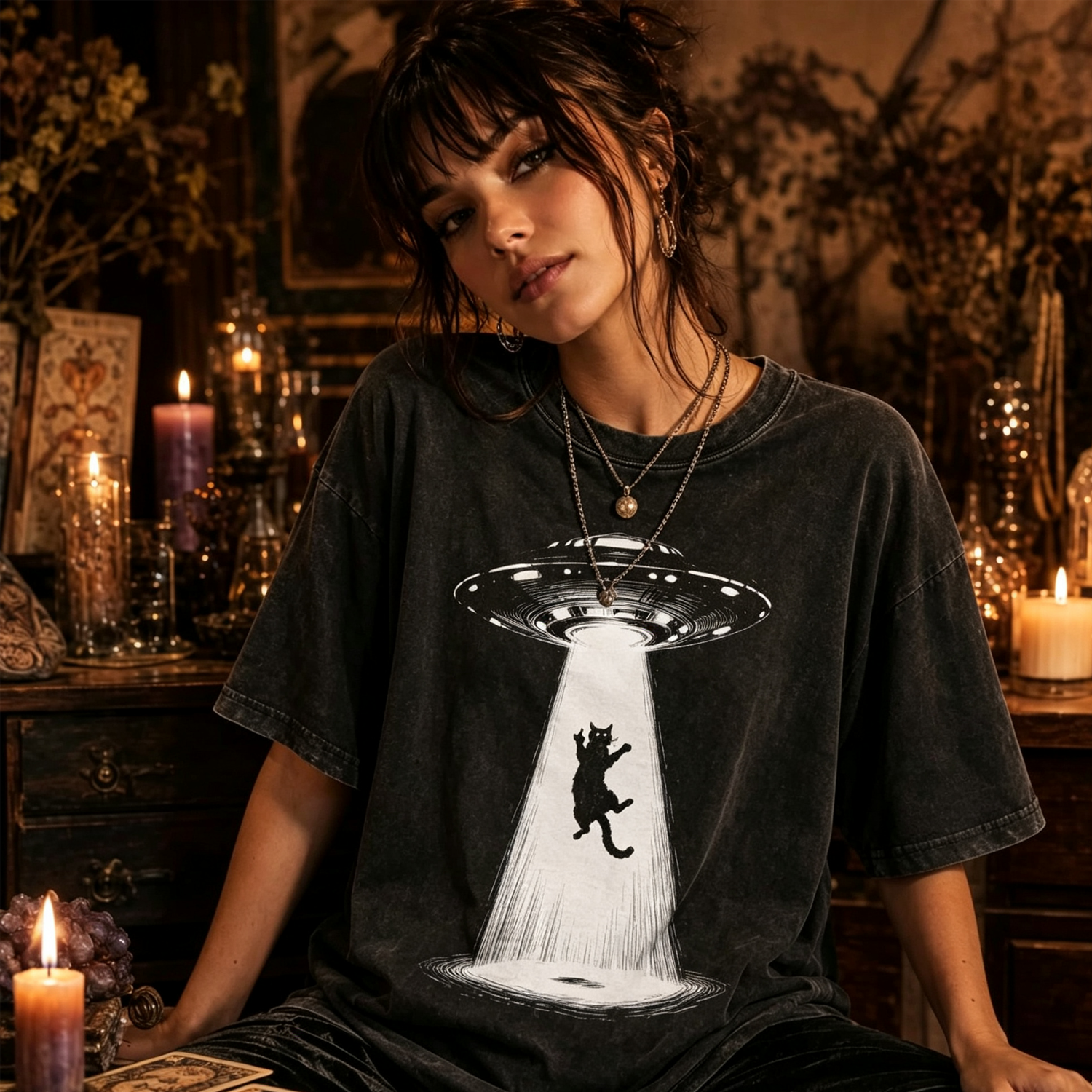 Moonnora Cat Bad Mood UFO Washed T-Shirt