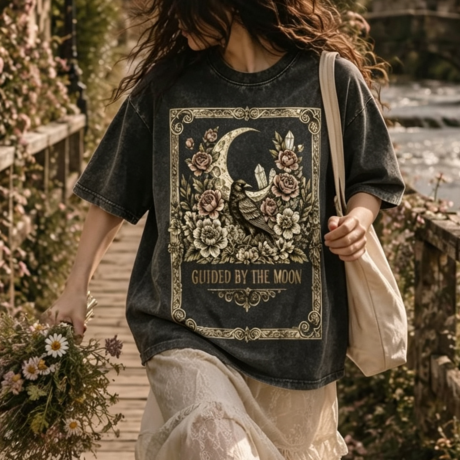 Moonnora Guided By The Moon Raven Gothic Celestial Crow Floral Tarot Card On Comfort Colors Washed T-Shirt
