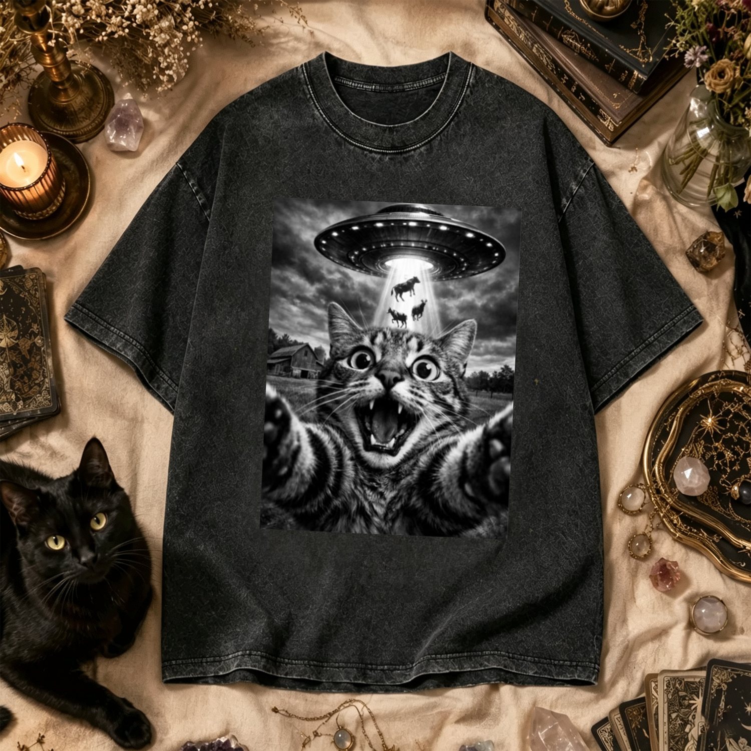 Moonnora Cat Selfie with Alien UFO Funny Washed T-Shirt