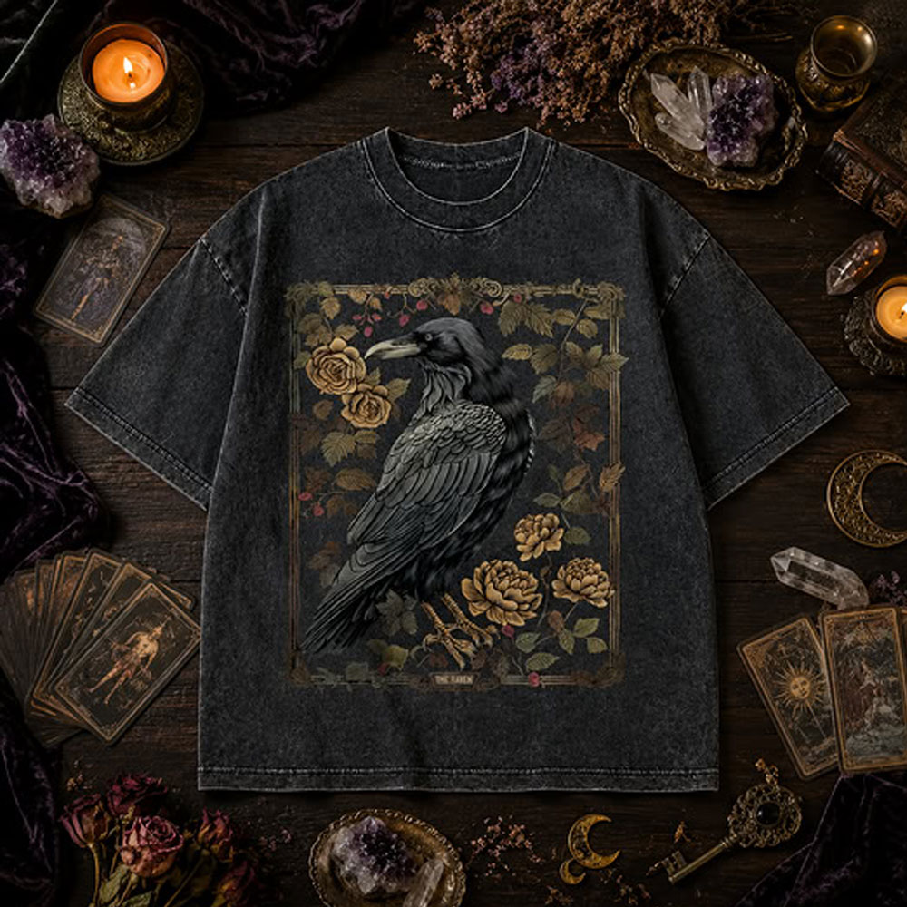 Moonnora Gothic Vintage Raven Dark Academia Tarot Card On Comfort Colors Washed T-Shirt