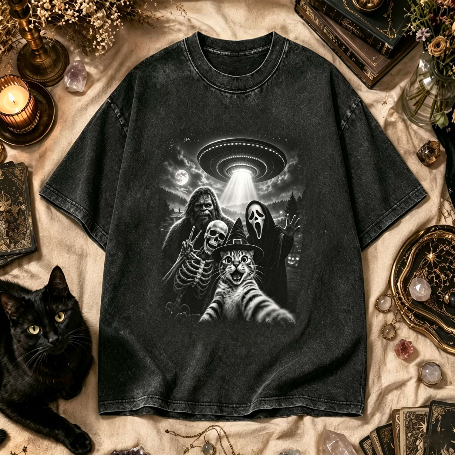 Moonnora Monster Squad Selfie Cat Witch Bigfoot Washed T-Shirt