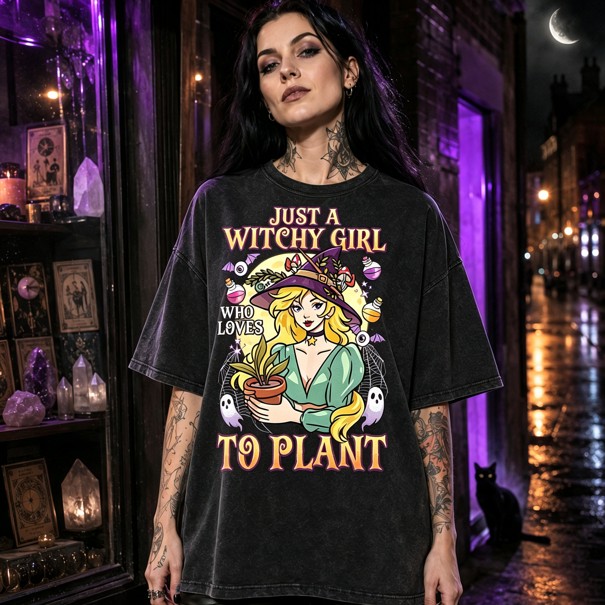 Moonnora Girl Who Loves To Plant Green Witch Gardening Washed T-Shirt
