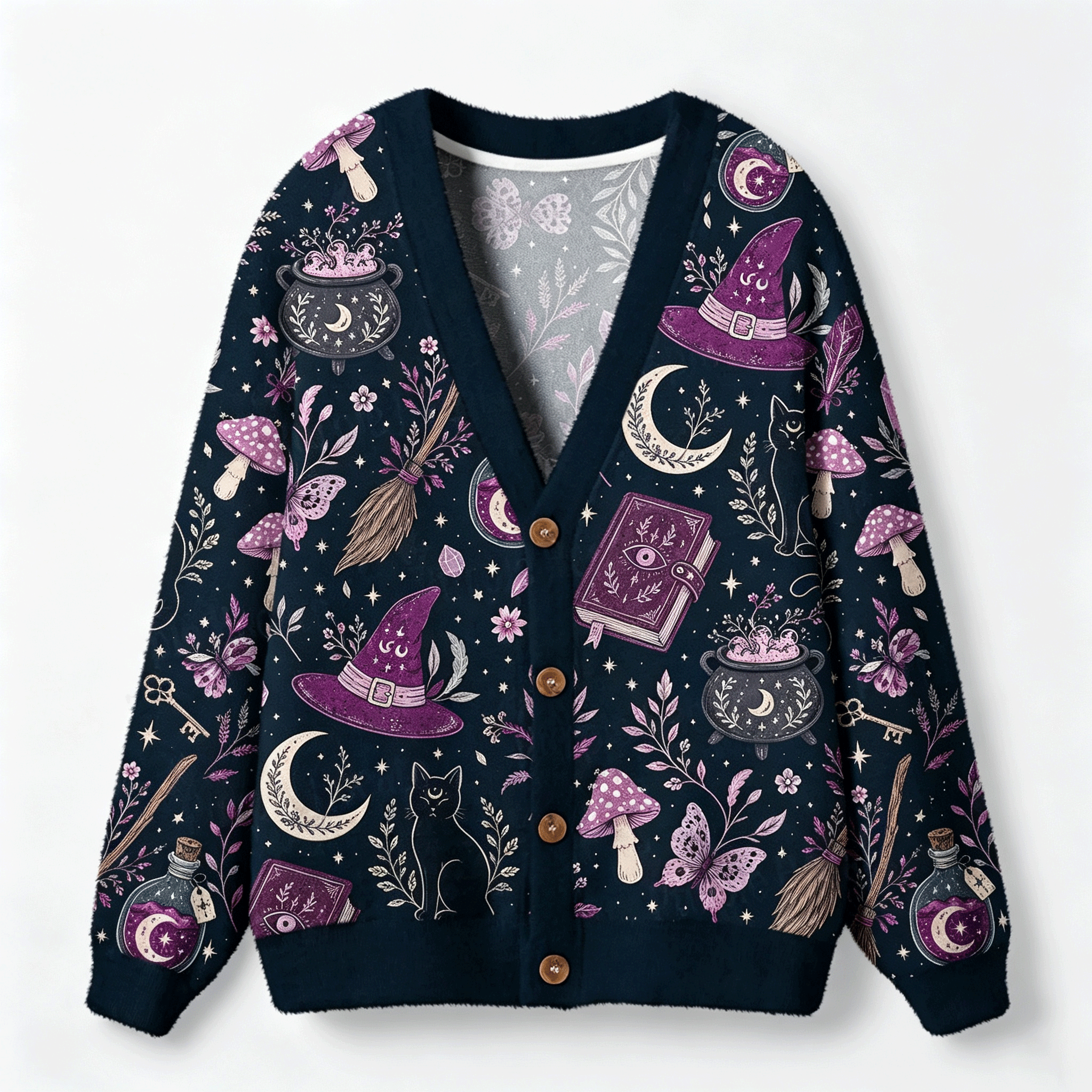 Moonnora Witchcraft Spellbook All-Over Print Cardigan Sweaters