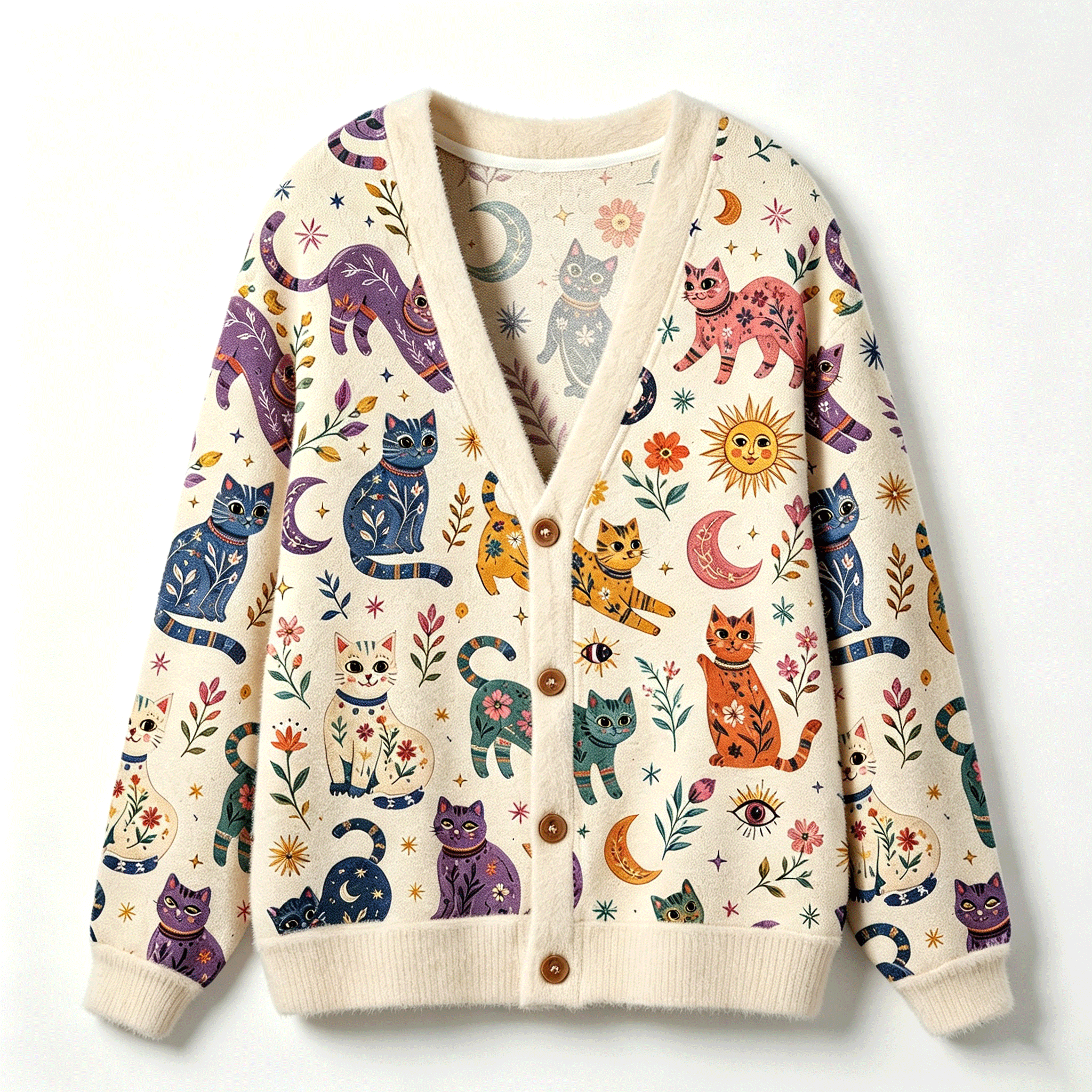 Moonnora Rainbow Magic Cats All-Over Print Cardigan Sweaters
