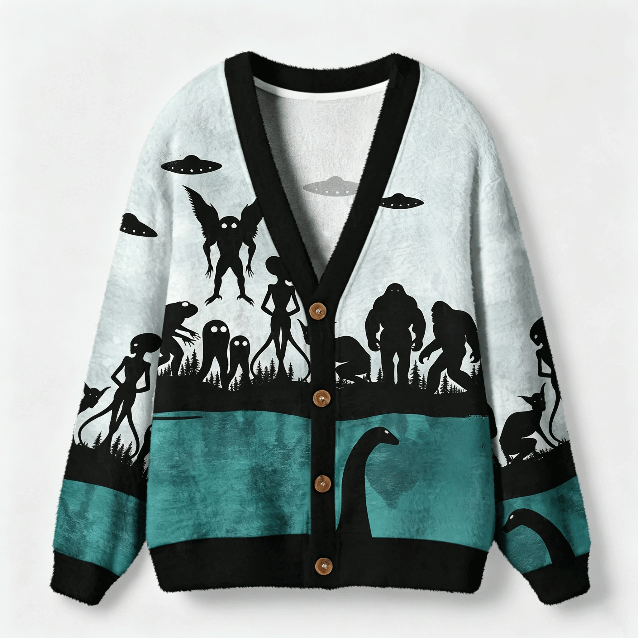 Alien Lake Monster Encounter All-Over Print Cardigan Sweaters