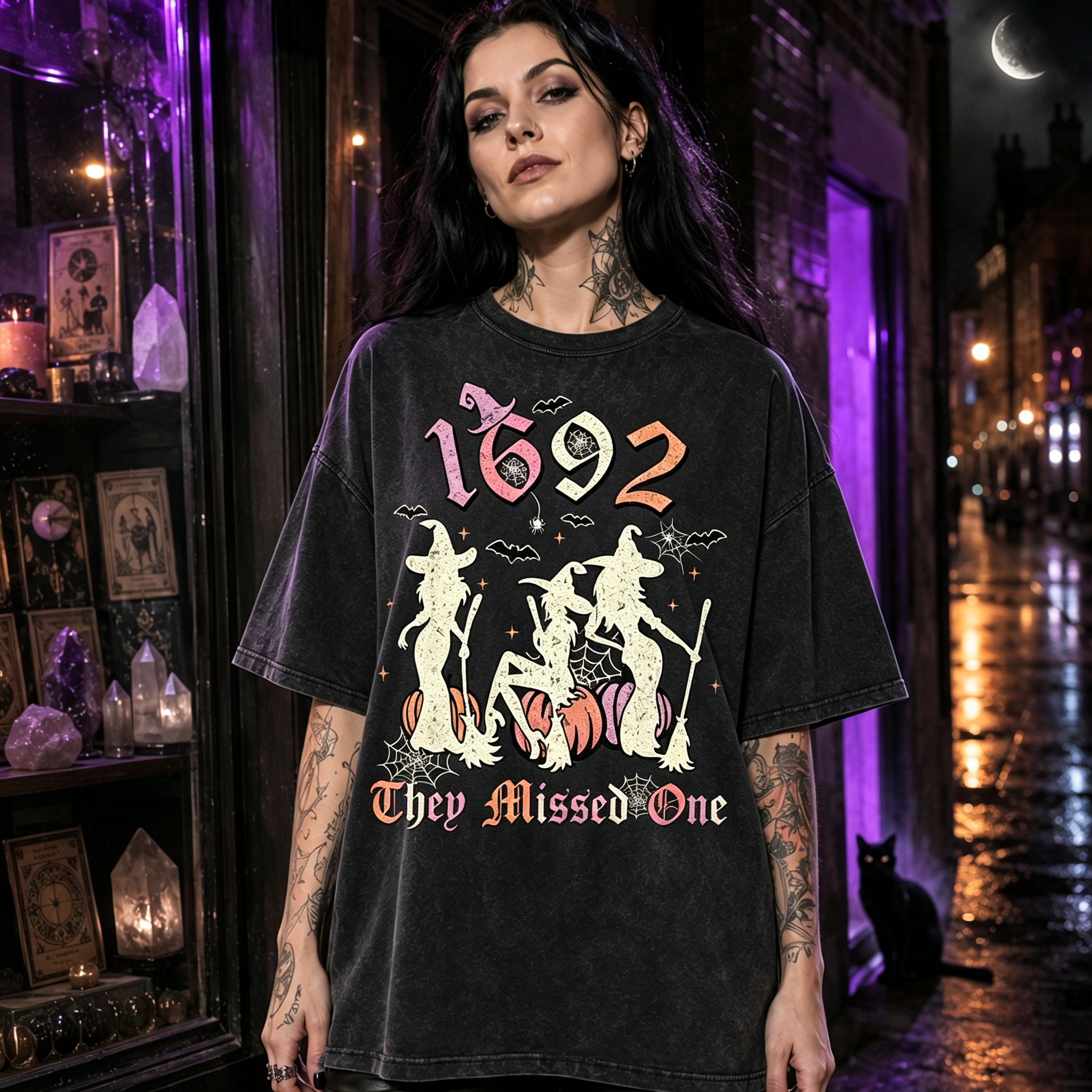 Moonnora Witch Halloween Dark Humor Salem 1692 Witches Missed One Washed T-Shirt
