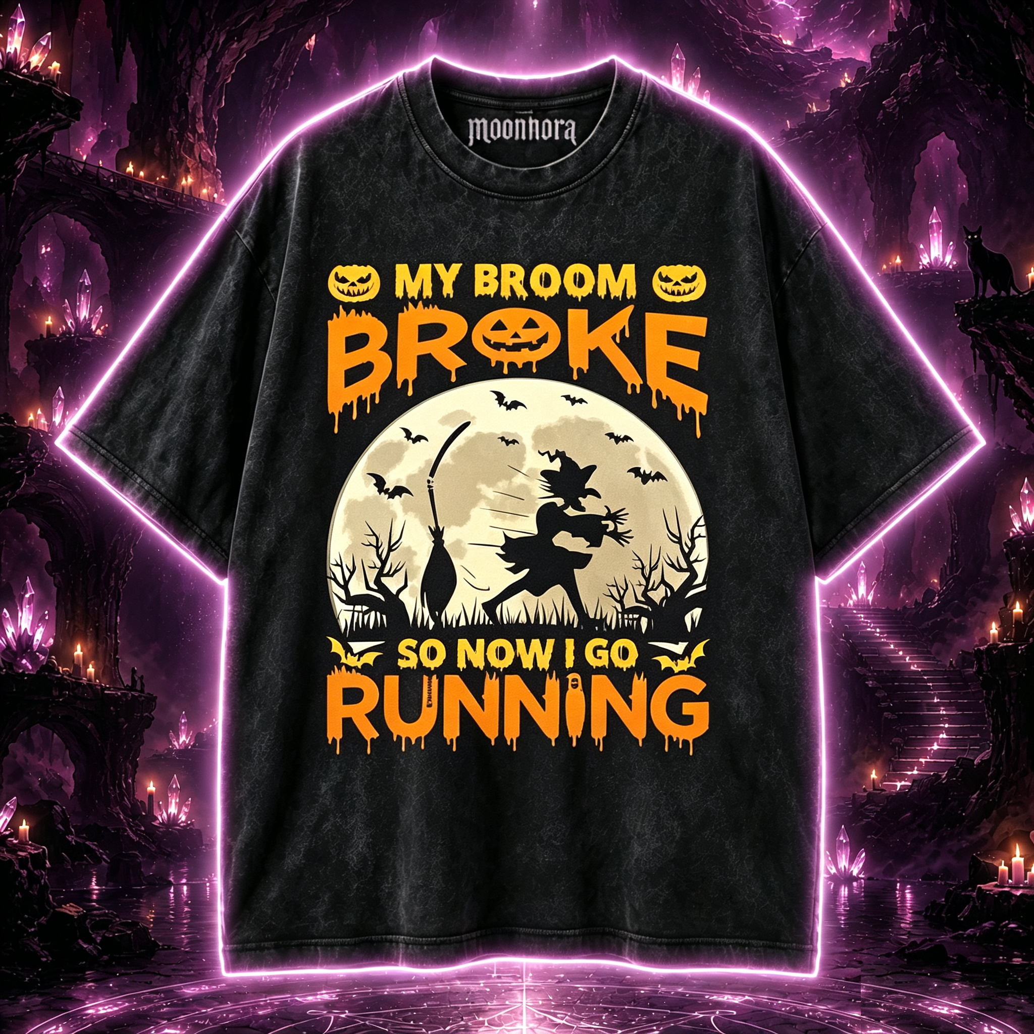 Moonnora Funny My Broom Broke I'm Running Witch Fitness Humor Washed T-Shirt