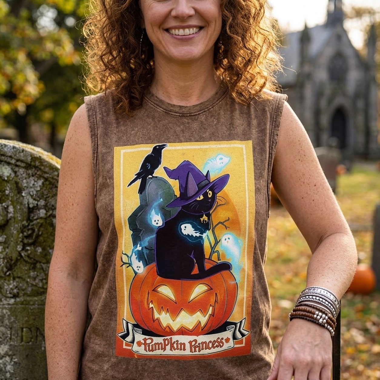Moonnora Pumpkin Princess Black Cat Tarot Card On Comfort Colors Washed Tank
