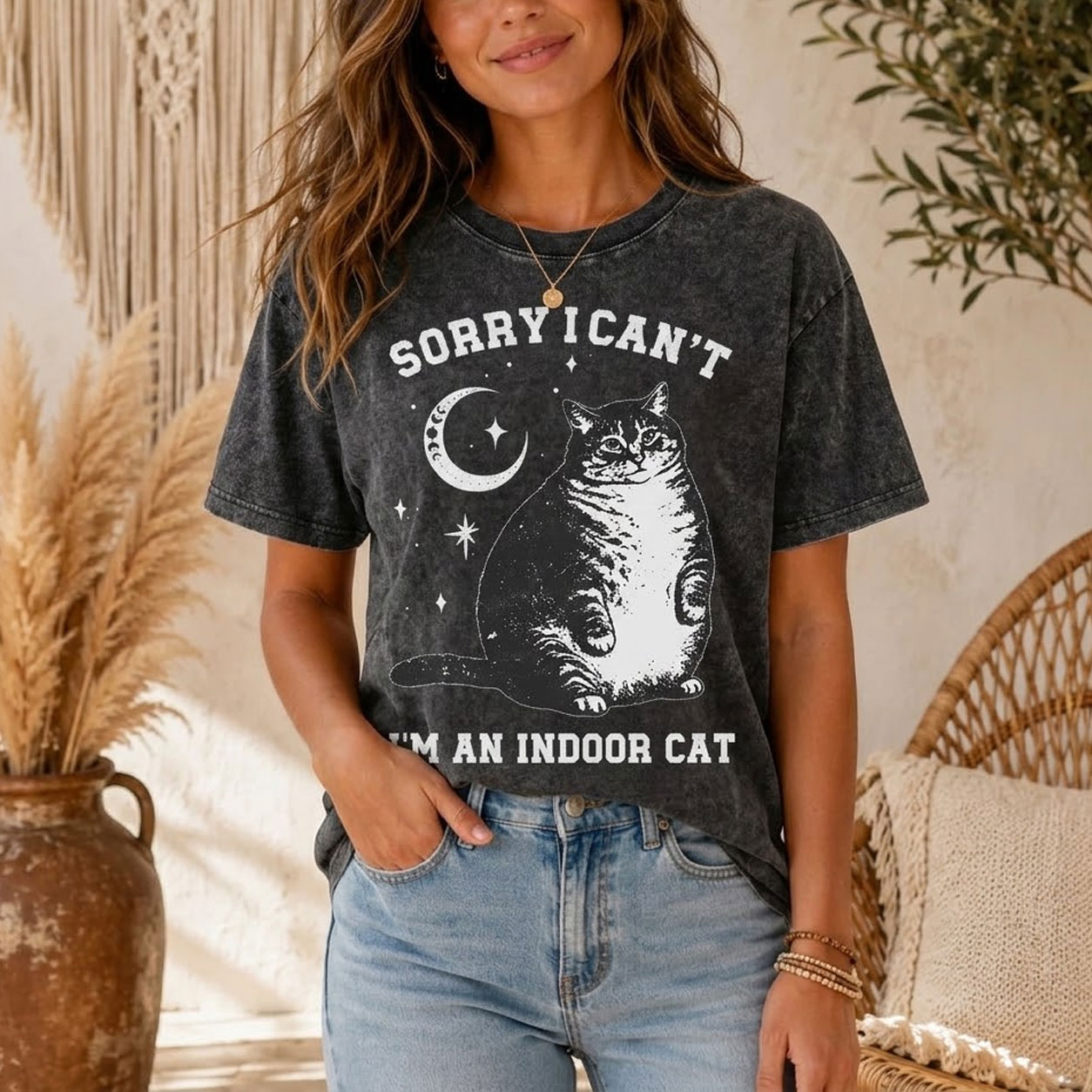 Moonnora Sorry I Can't Go I'm an Indoor Cat Washed T-Shirt