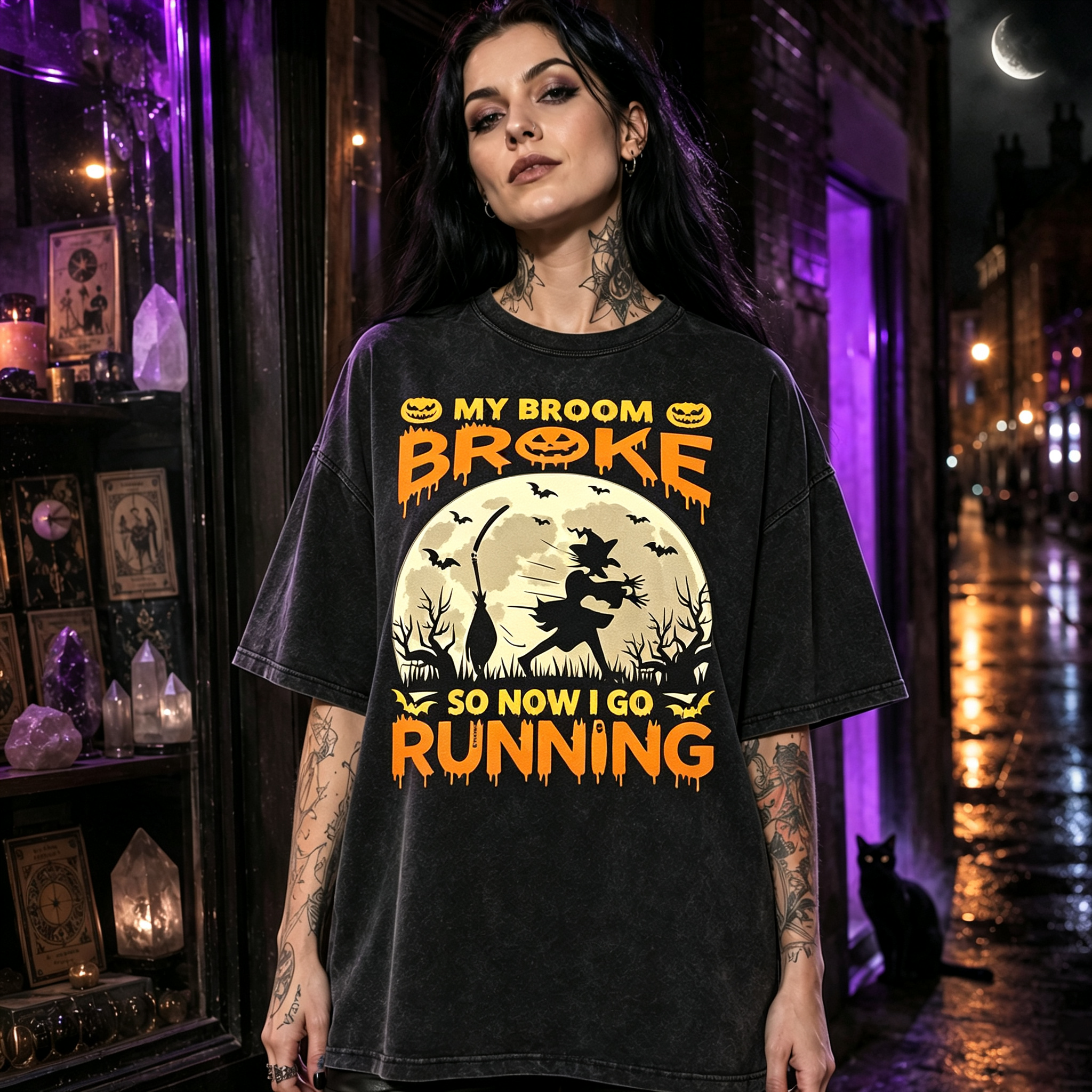 Moonnora Funny My Broom Broke I'm Running Witch Fitness Humor Washed T-Shirt