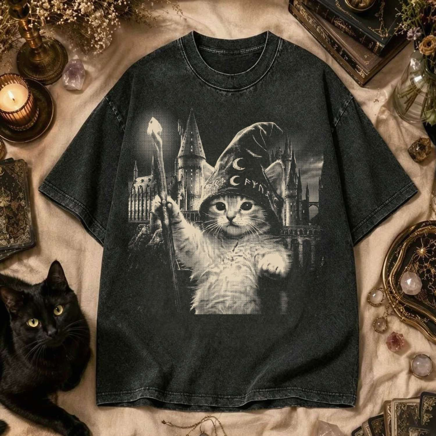 Moonnora Magical Kitten Fantasy Castle Washed T-Shirt
